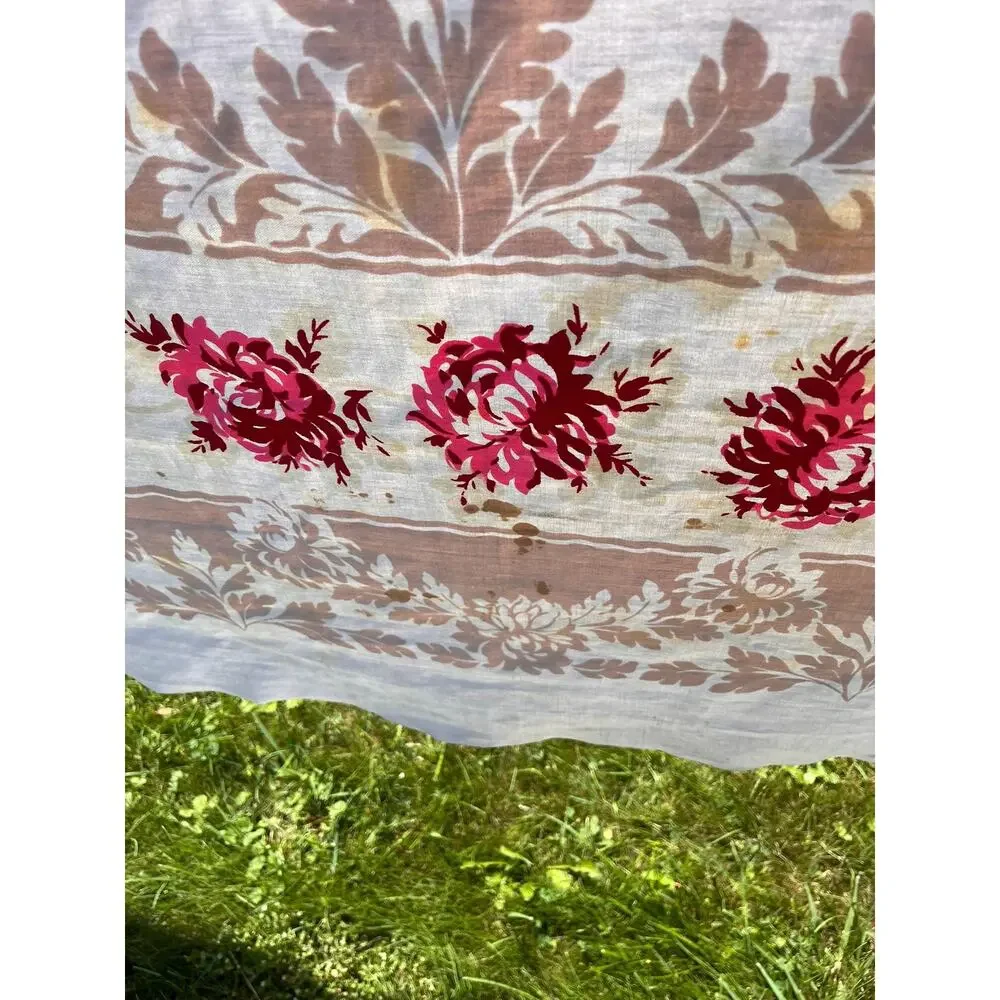 Vintage Tablecloth with Red and Pink Roses and Leaves
